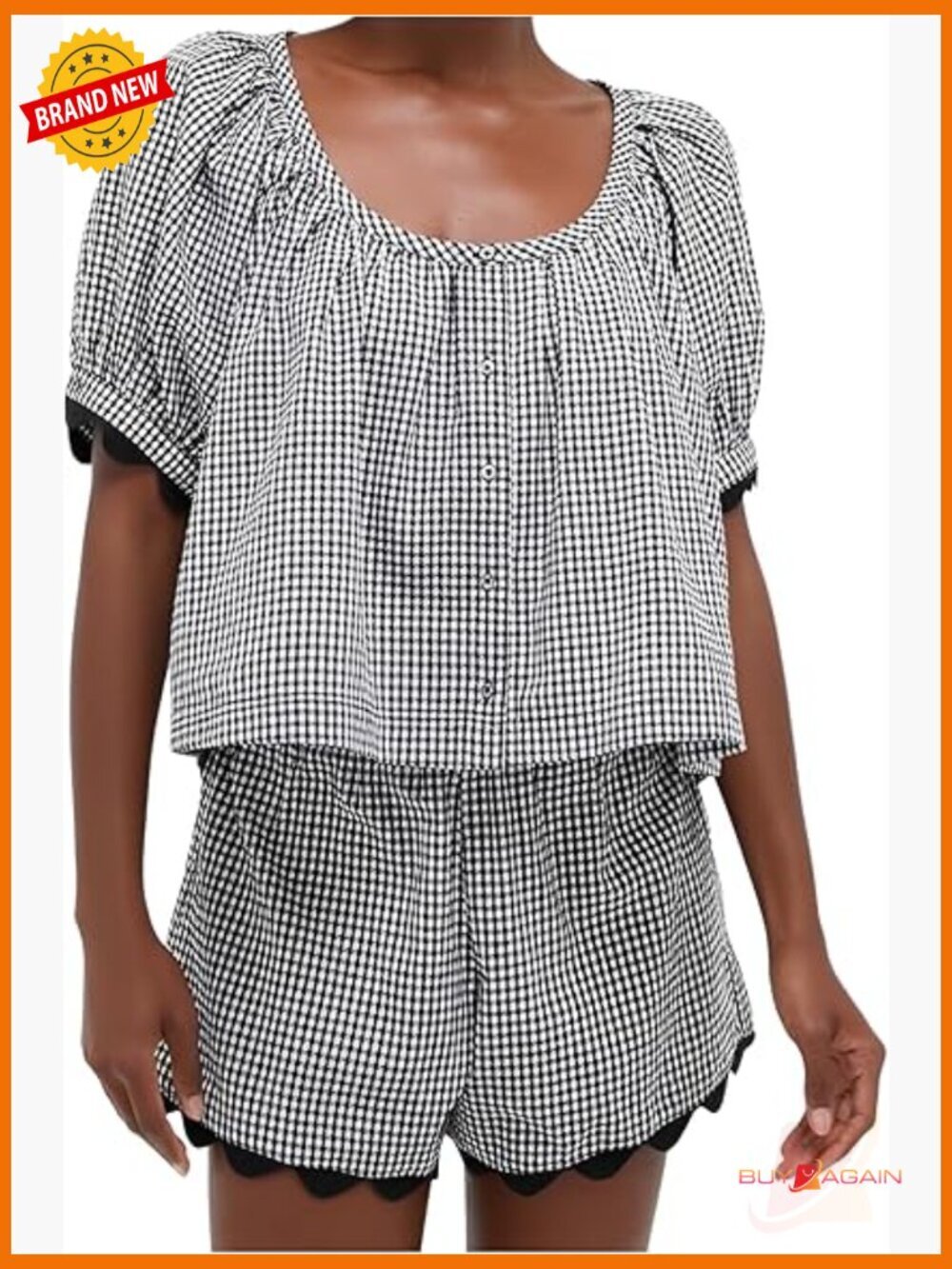 2 Piece Gingham Short Set Puff Sleeve Top Matching Scallop Shorts